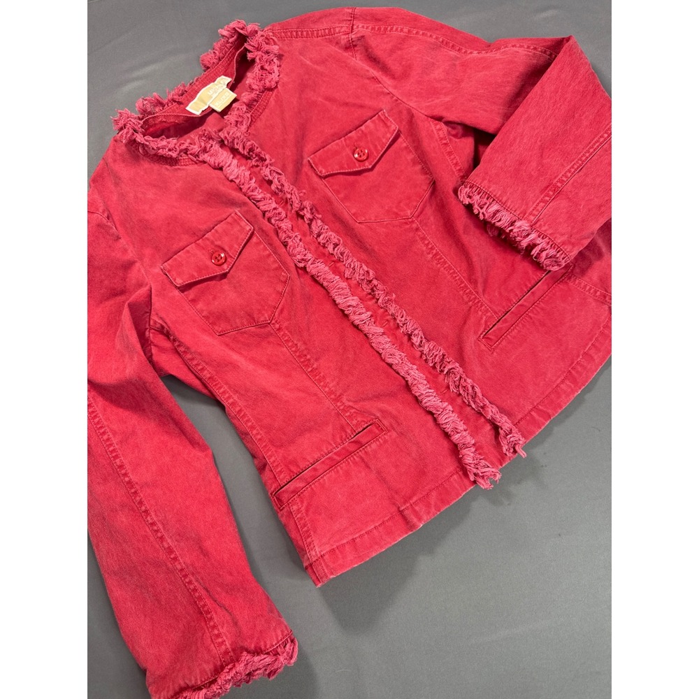Michael Michael Kors Red Frayed Trim Denim Jacket XS Womens Collarless Utility